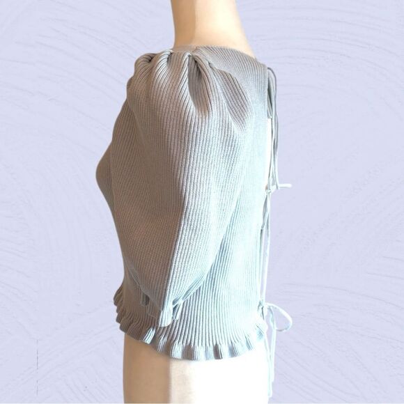 Zara baby blue cropped ribbed knit puff sleeve open back top - Picture 3 of 11